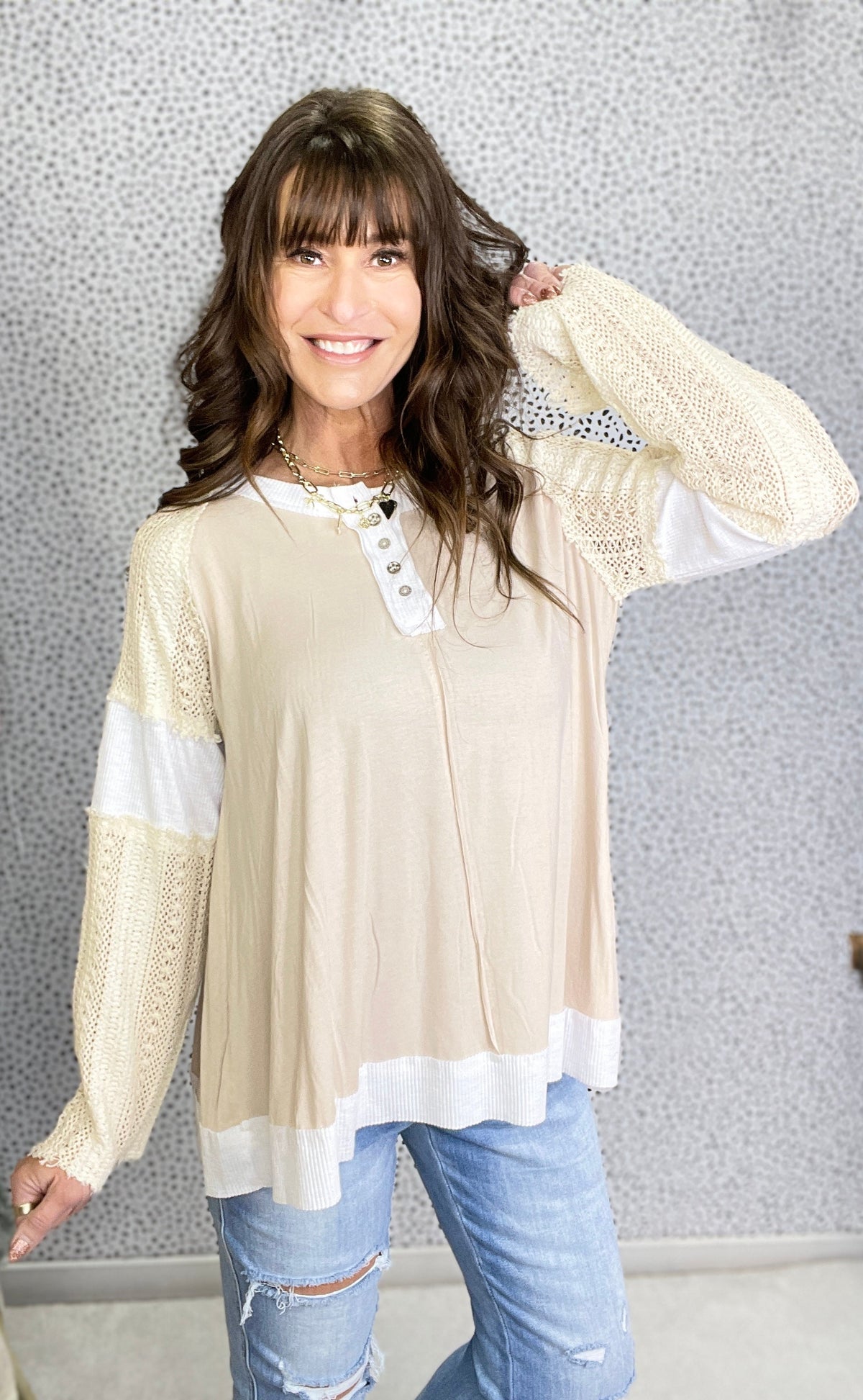 POL Add It Up Straight Long Sleeves Round Neck Top In Oatmeal *Final Sale*