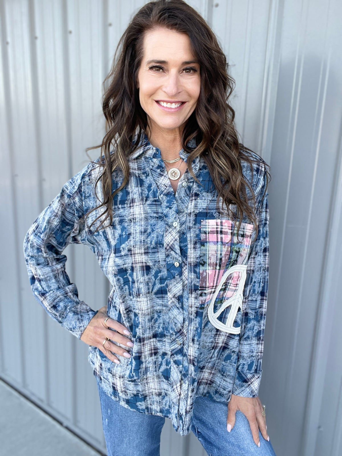 POL Groovy Grid Long Sleeve Plaid Cotton Button Up Top In 2 Colors: Blue, Pink *Final Sale*
