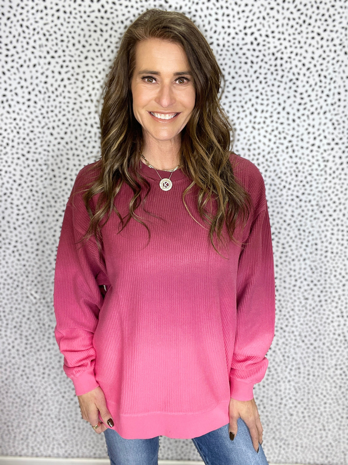 Ombre Cranberry Melt Snow Washed Corded Crewneck Pullover Sweatshirt