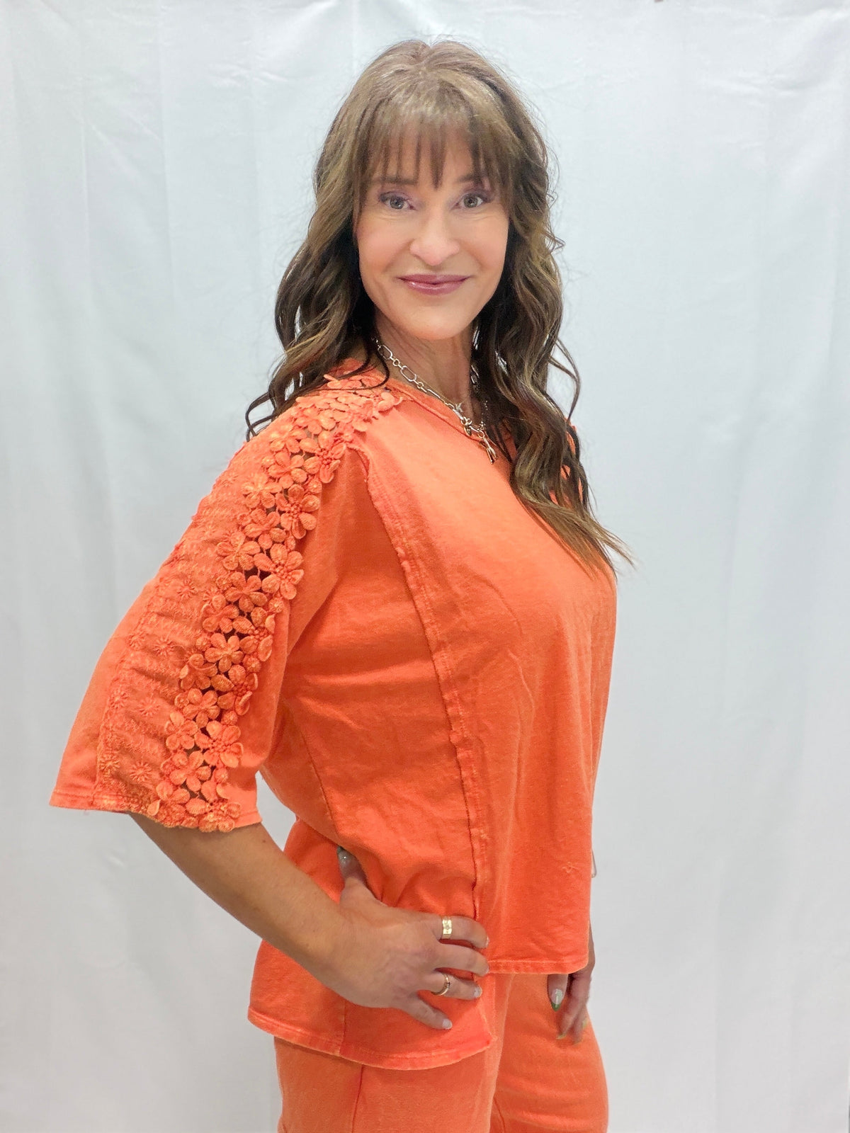 Petal Pusher Mineral Washed Flower Trim Lounge Top In 4 Colors