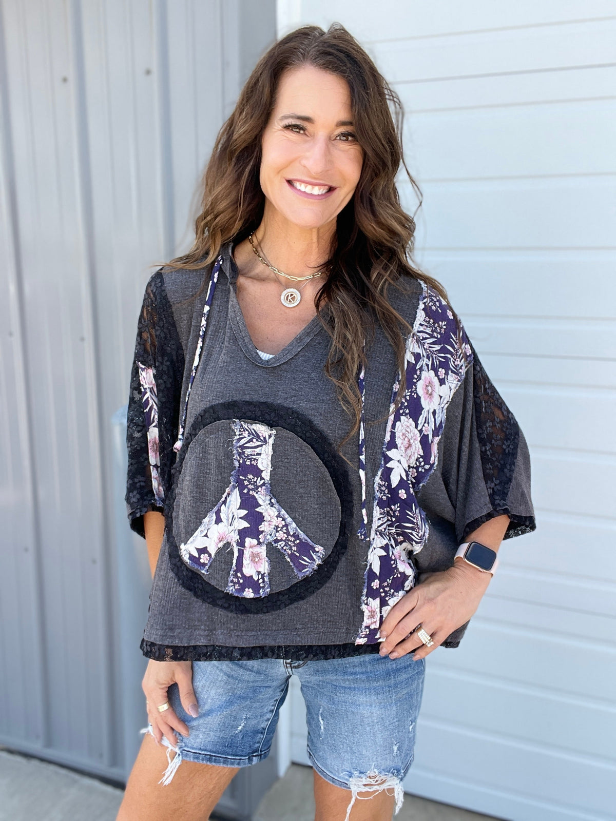 Pol Peace Be With You Short Sleeve Hoodie Top In 6 Colors: Ivory, Charcoal, Pink, Sage, Peach, Aqua *Final Sale*