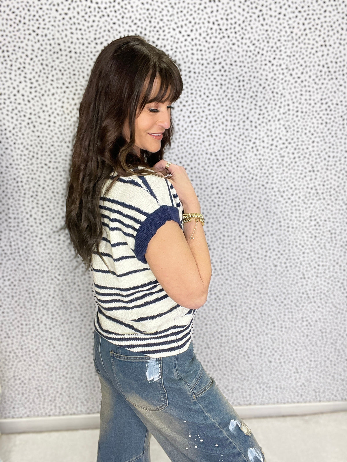 Gracie P Navy Stripe Loose Buttoned V Neck Sweater Vest