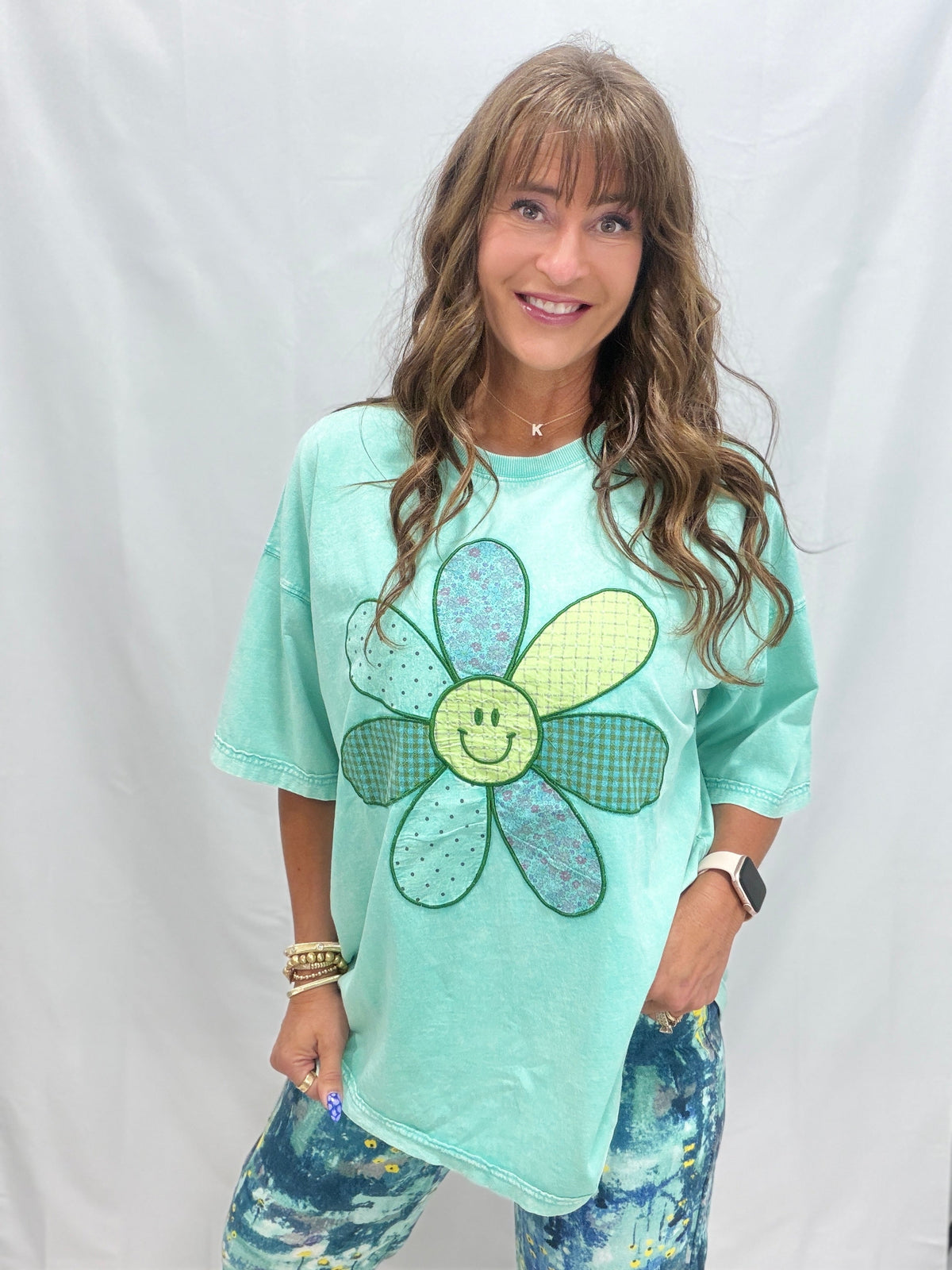 Take The Hint Floral Smiley Face Patch Top In 2 Colors
