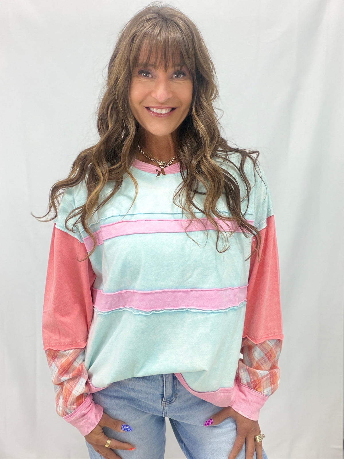 In And Out Of The Beams Plaid Patchwork Top In Multi