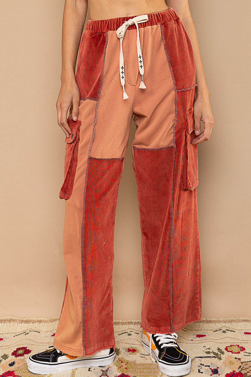 POL Spaced Out Color Block Cargo Pockets Pants In Brick *Final Sale*