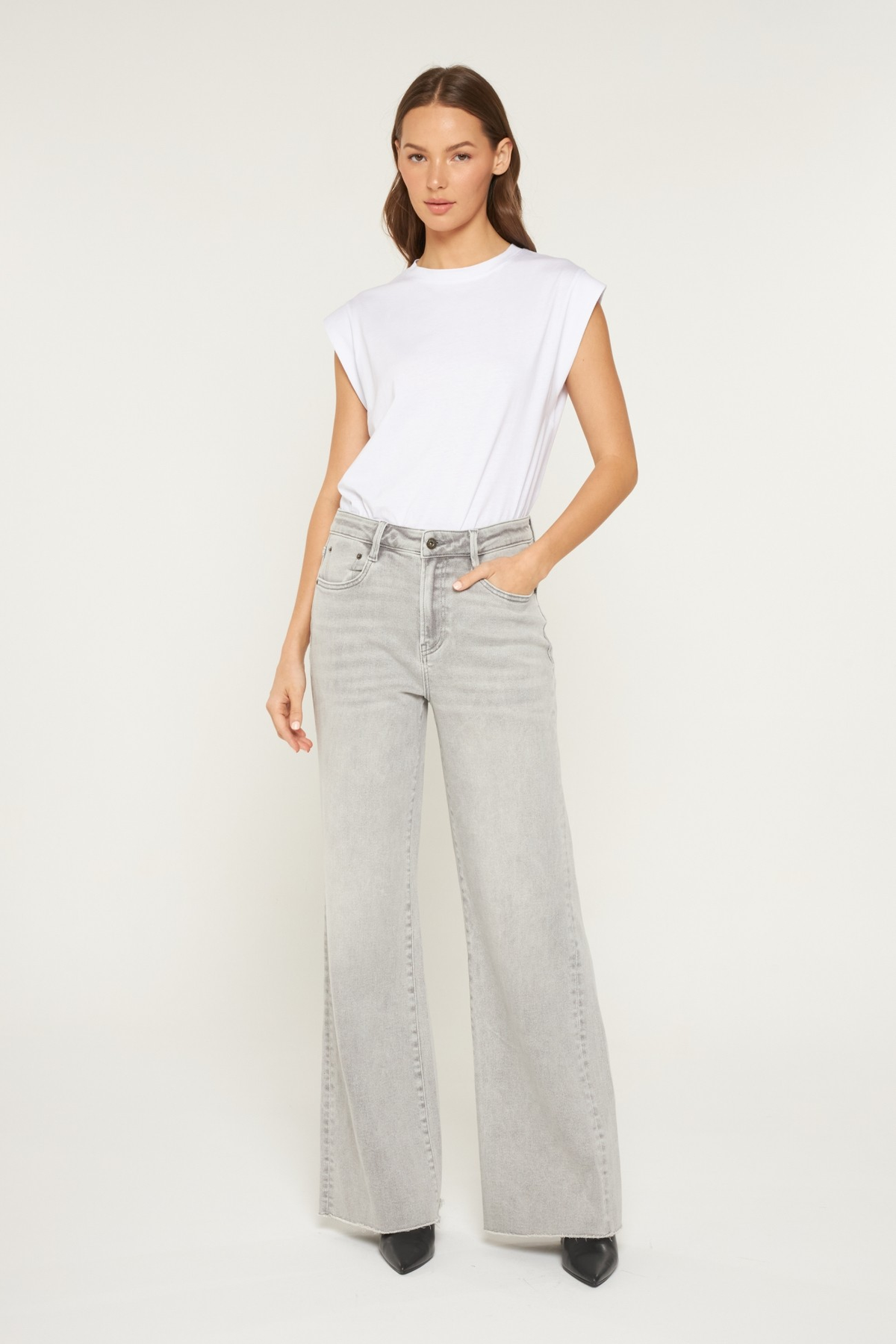 Mica Cherice Super High Wide Leg With Raw Hem Jeans 442 In Grey *Final Sale*