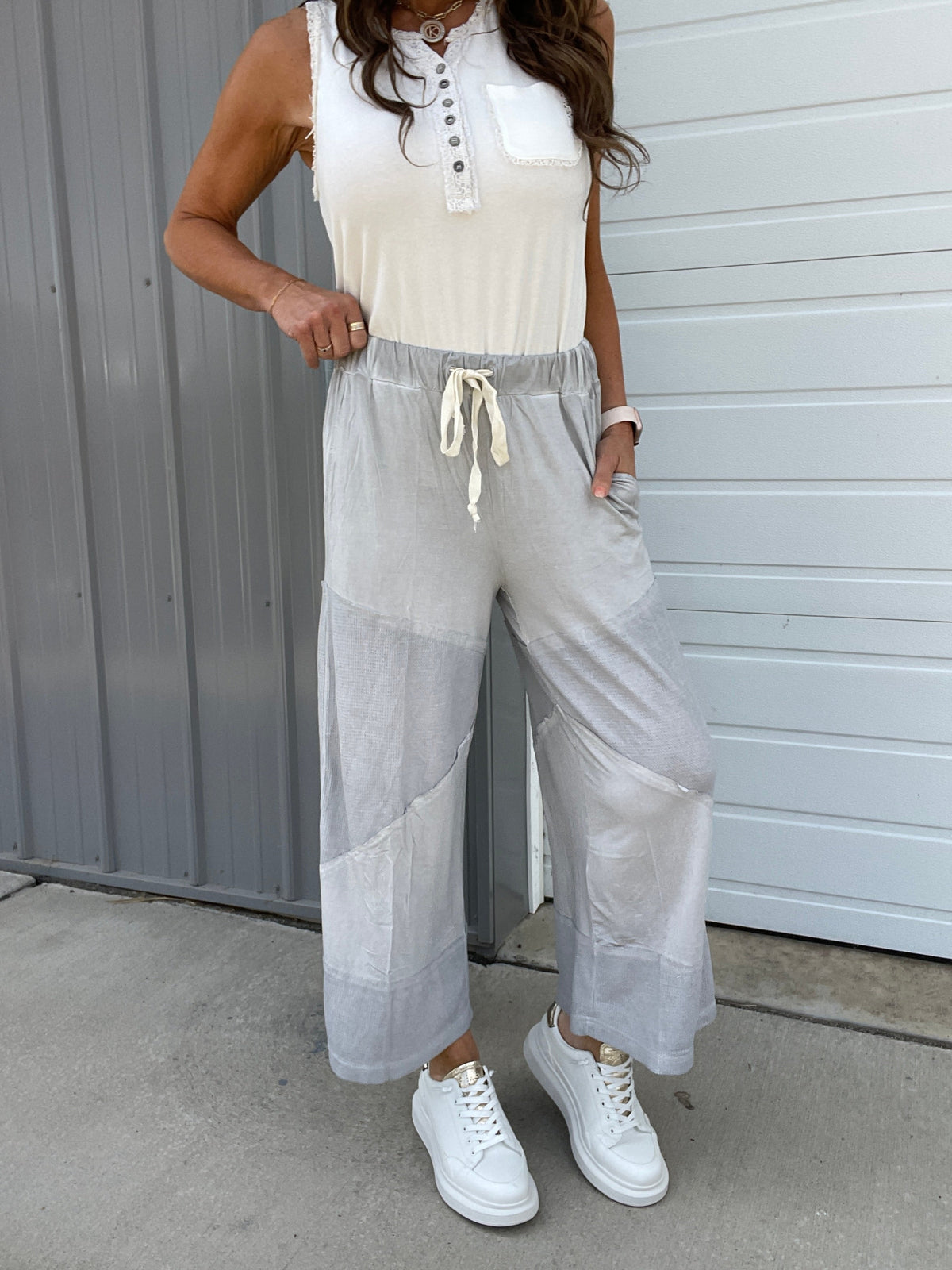 Pol Play Date Loose Wide Leg Cropped Pants In 7 Colors: Aqua, Lilac, Grey, Pink, Beige, Black, Desert Sage *Final Sale*