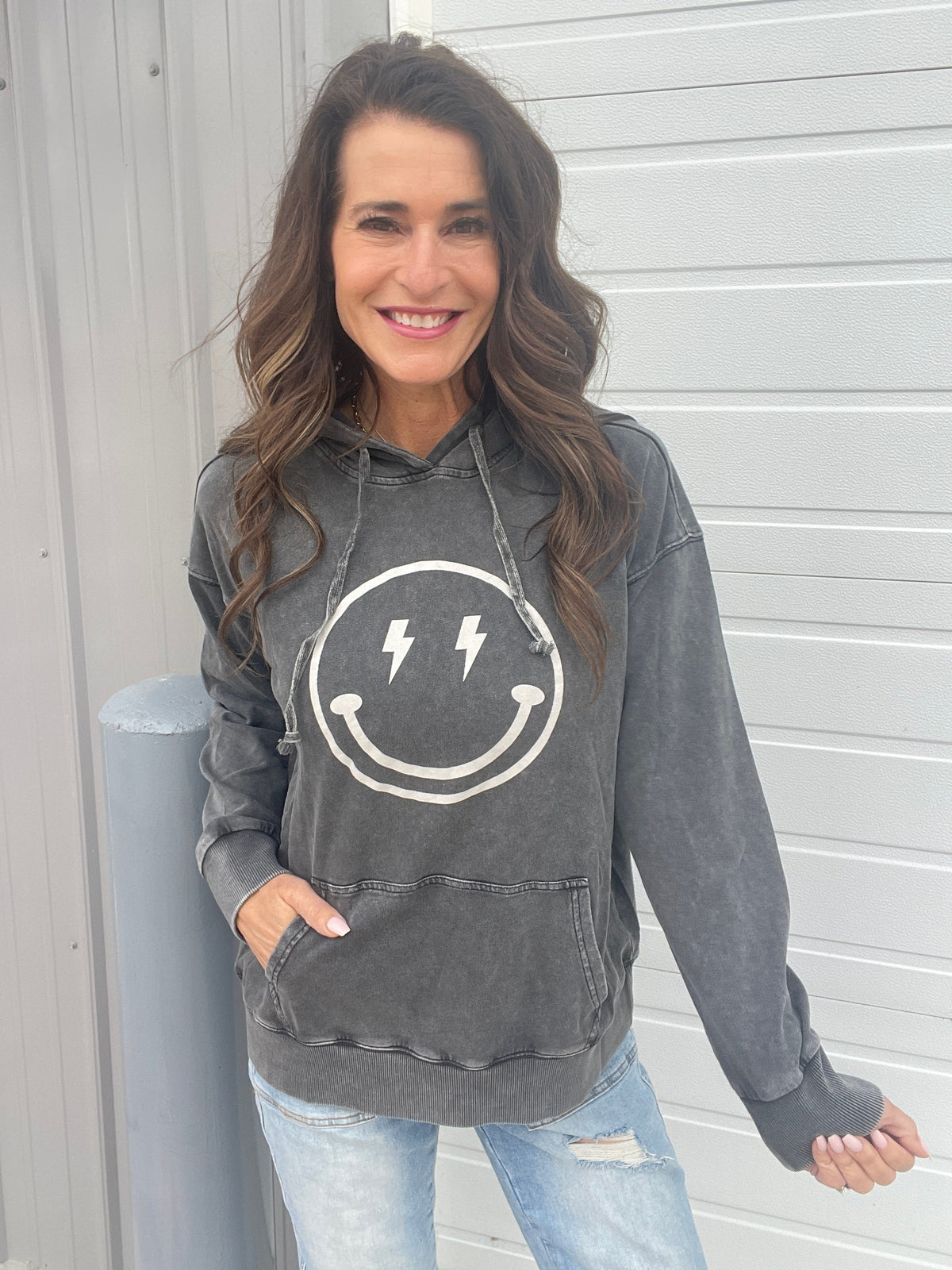 Happy All Around Mineral Washed Hoodie In 4 Colors: Camel, Coral, Smoke, Blue *Final Sale*