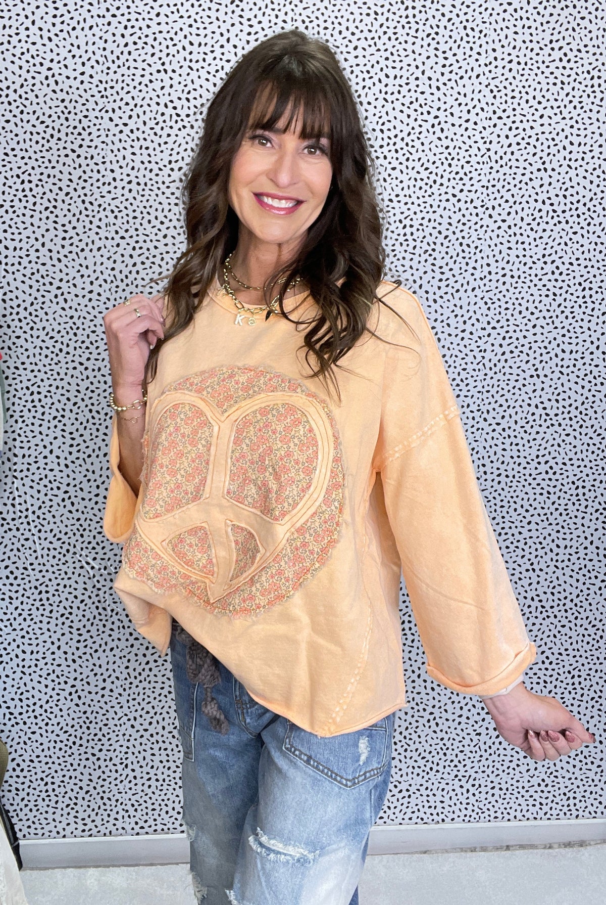 Tranquility Peace Sign Mineral Washed Terry Knit Top In 3 Colors