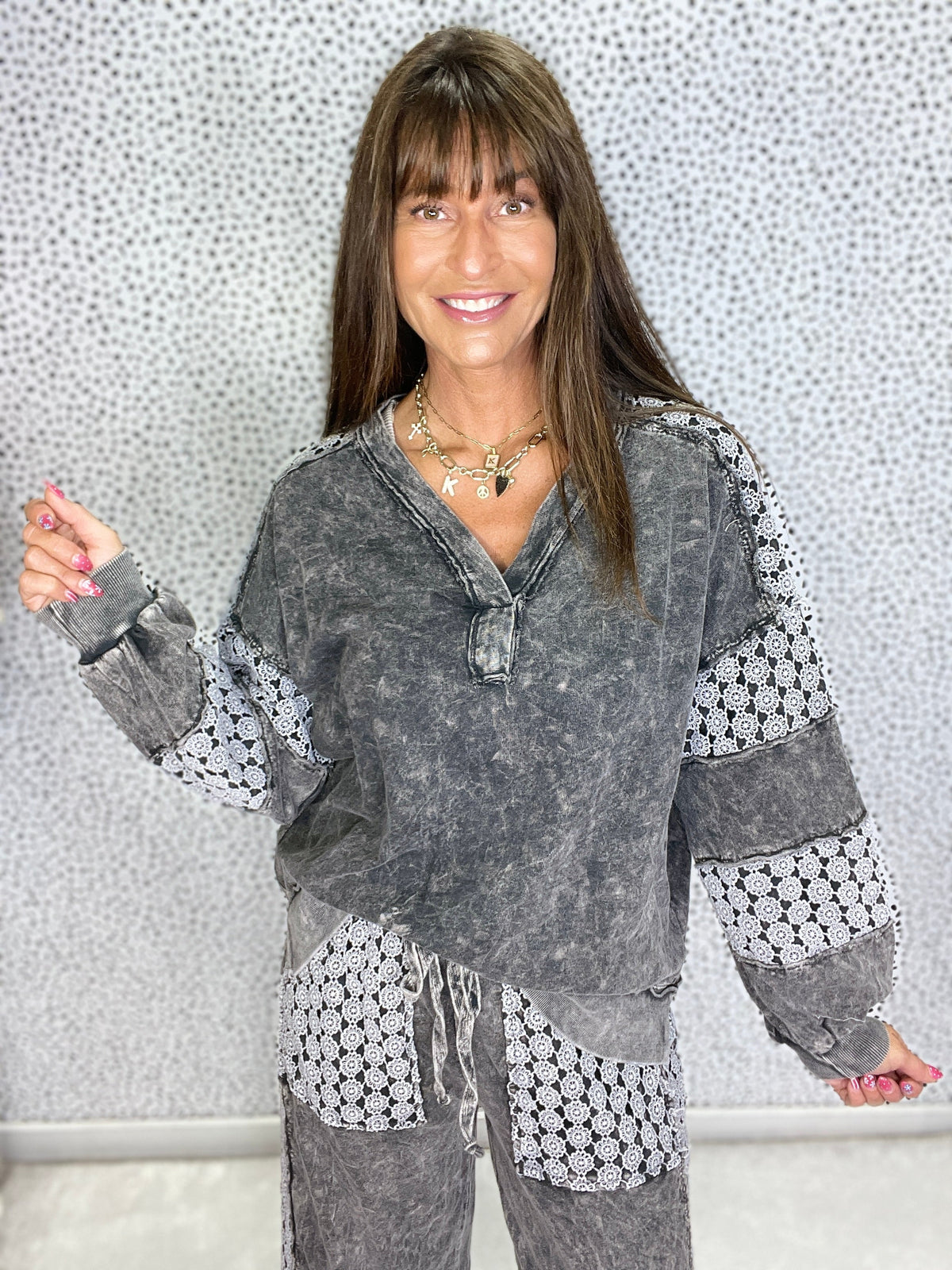 Mineral Wash V Neck Floral Detailed Terry Top In 6 Colors