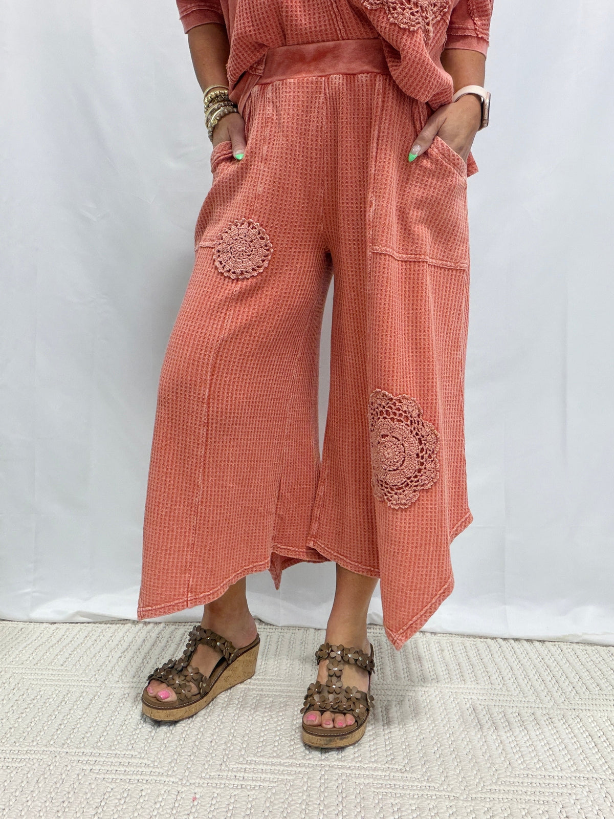 Sea Glass Crochet Patch Wide-Leg Pants in 3 Colors
