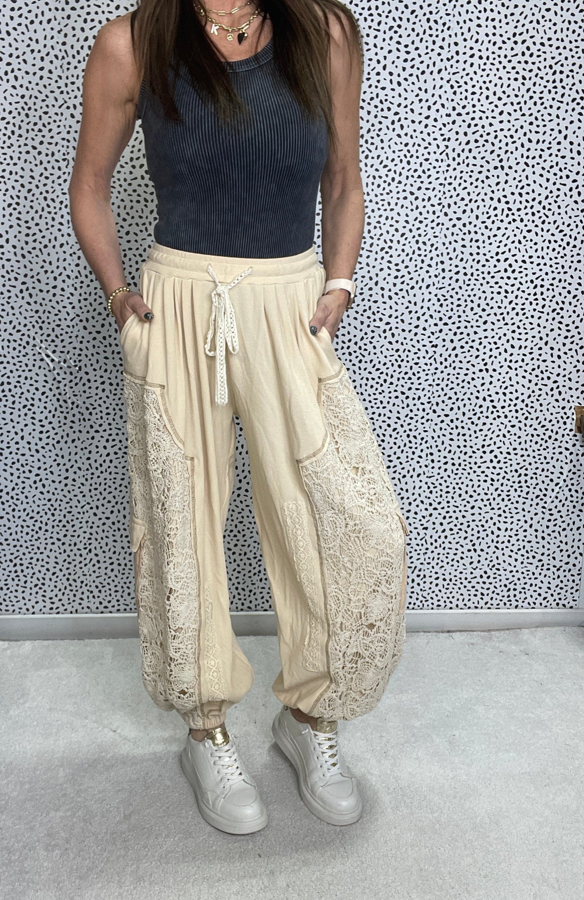 POL Give Me Your Best Crochet Mix Pants In 2 Colors: Almond, Black *Final Sale*