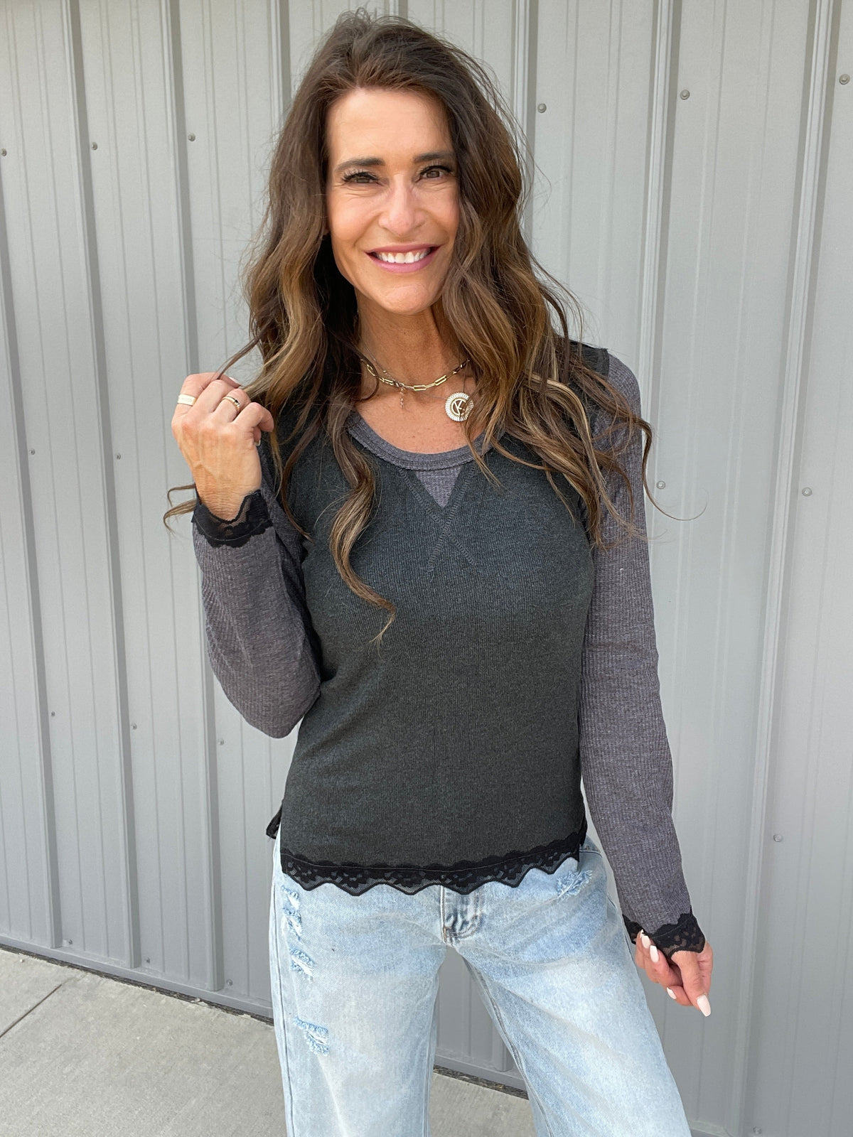 POL Effortless Style Lace Thermal Top In 4 Colors: Charcoal, Mauve, Red, Cream *Final Sale*