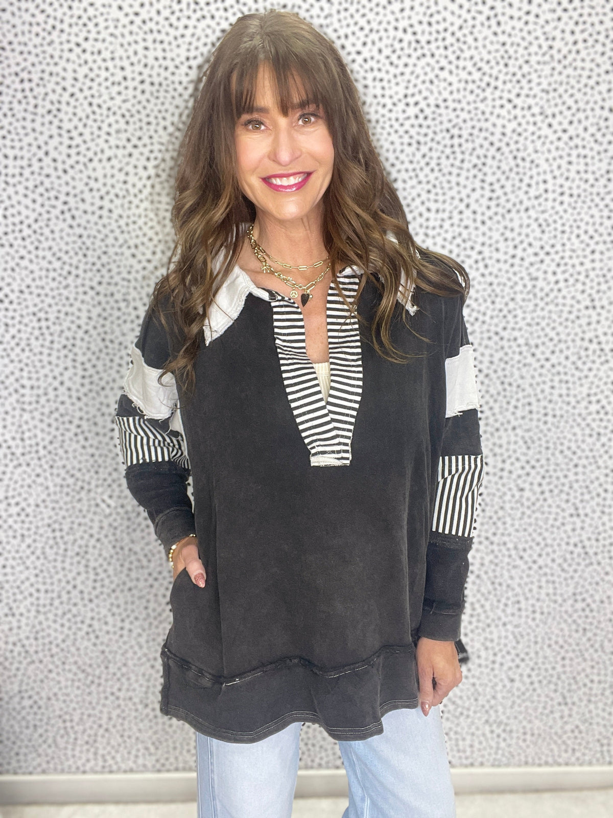 Cherished Dreams Washed Multi Fabric Collar T-Shirt In Black *Final Sale*