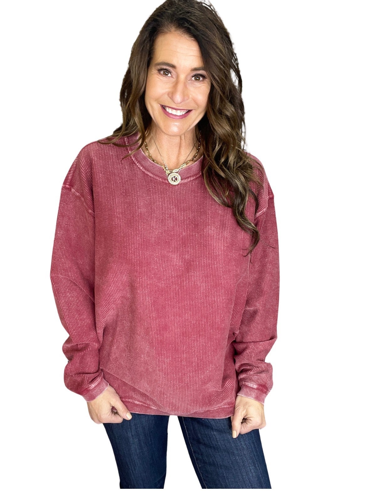 Snow Washed Essential Corded Crew Sweatshirt in Wine
