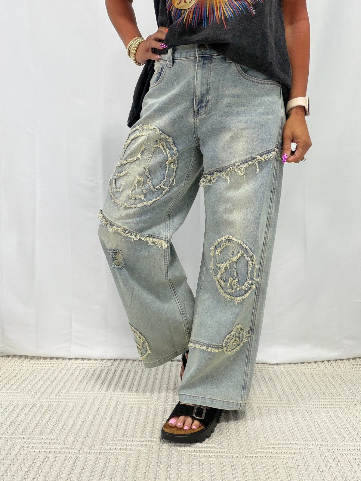 Groovy Peace Patch Jeans In Denim