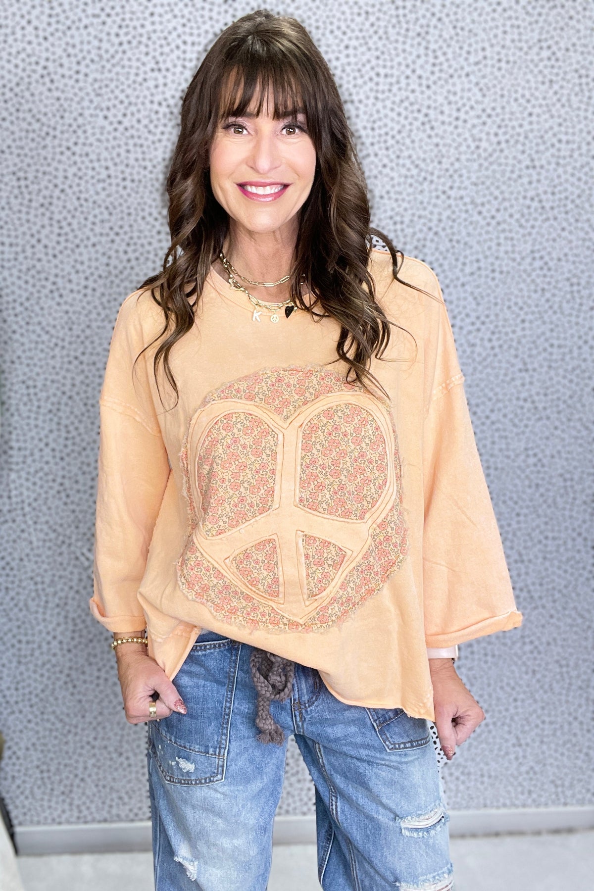 Tranquility Peace Sign Mineral Washed Terry Knit Top In 3 Colors