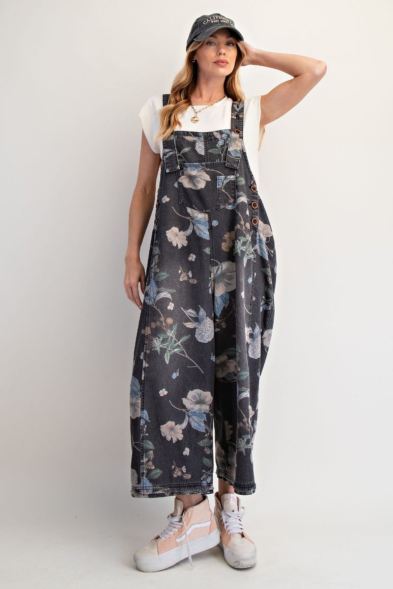 Flower Printed Washed Denim Jumpsuit In 3 Colors
