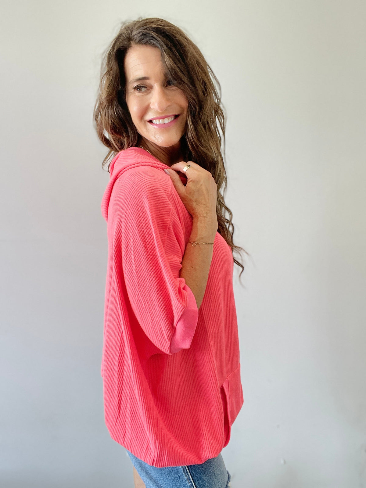 Let's Do This Soft Wash Waffle Thermal Knit Short Sleeve Half Zip Hoodie Top In 2 Colors: Coral, Pink *Final Sale*