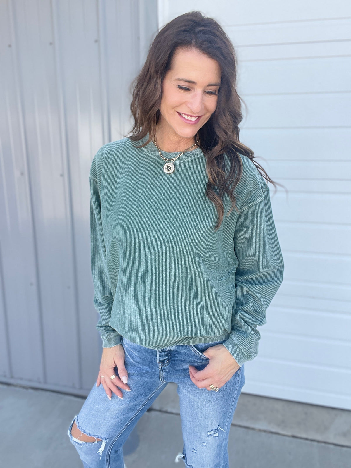 Forest Green Snow Washed Corded Crewneck Pullover Sweatshirt