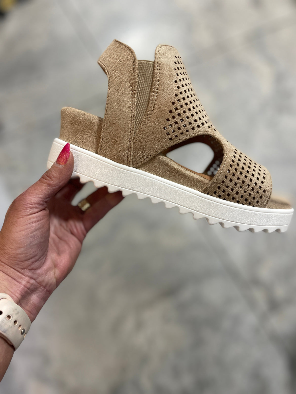 Very G Urban Edge Faux Suede Perforated Sandals In Sand *Final Sale*