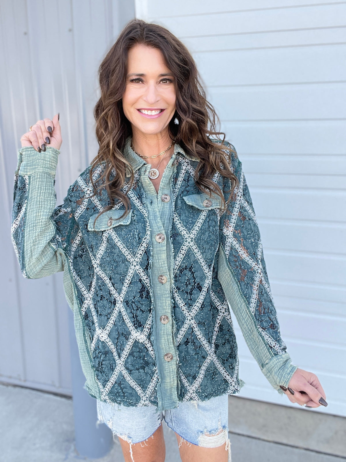 Oli & Hali Layer It Up Mineral Washed Button Up Top In Green *Final Sale*