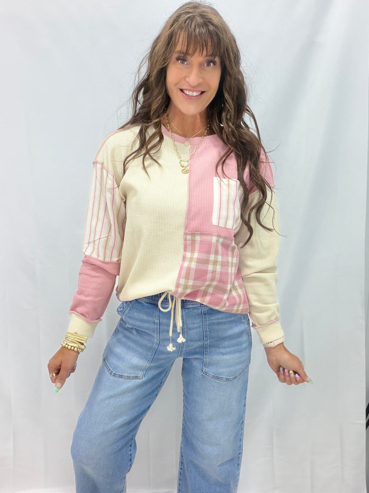 End Up In That Place Patchwork Long Sleeve Top In 2 Colors