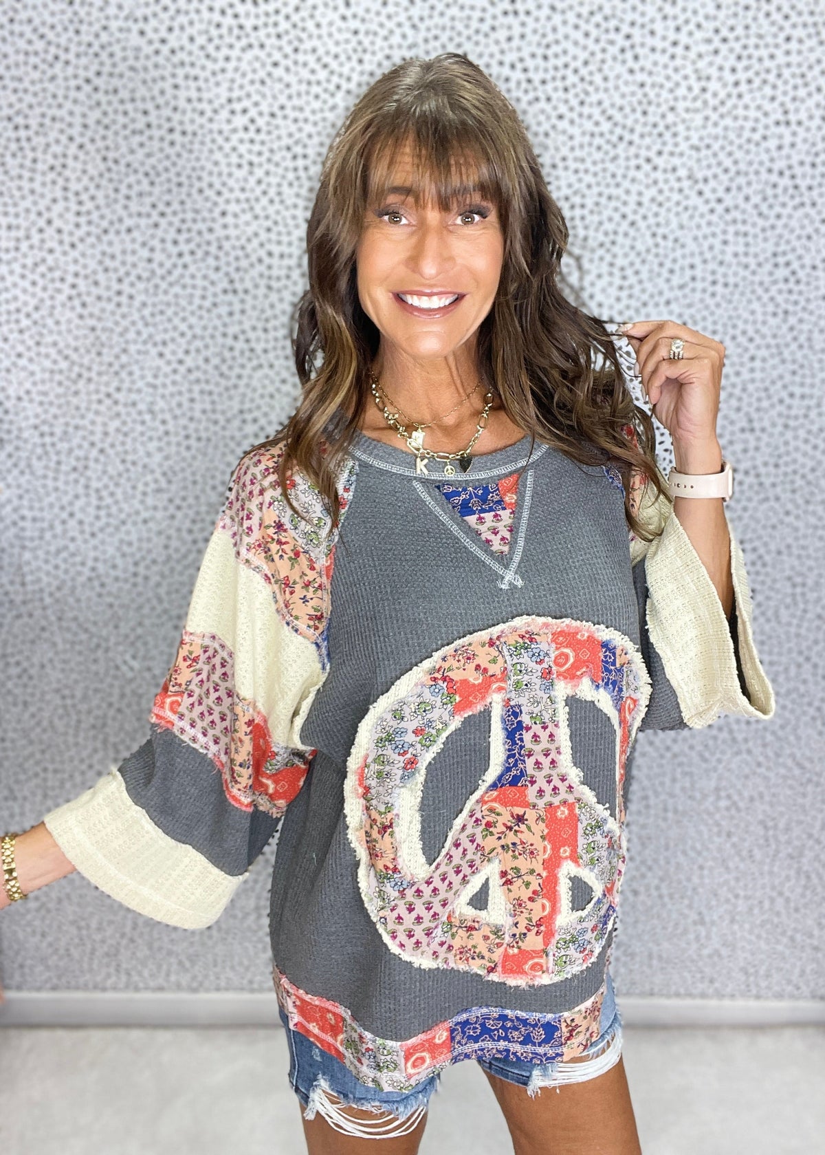 POL Patchwork Peace Times Top In Charcoal *Final Sale*