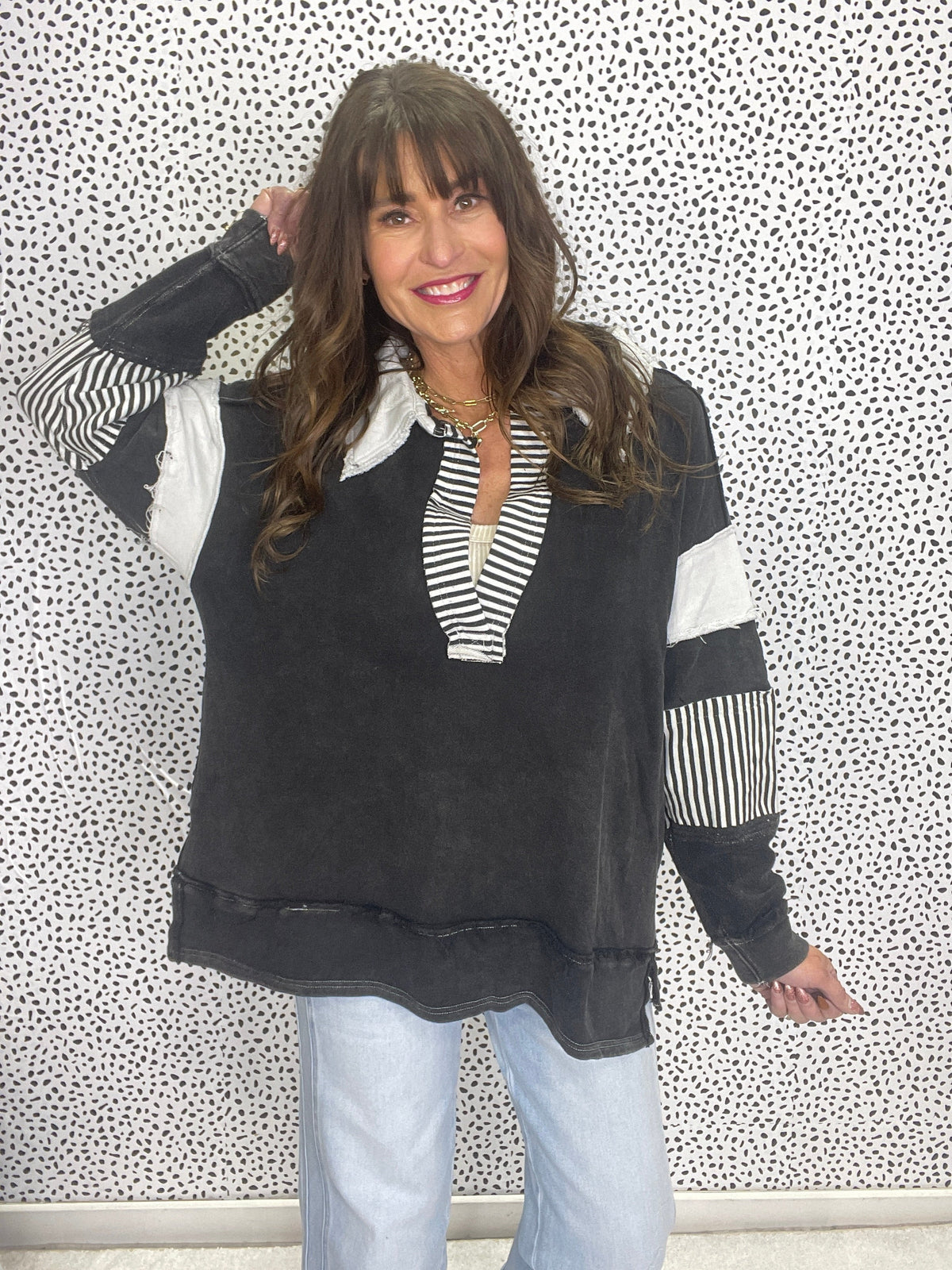 Cherished Dreams Washed Multi Fabric Collar T-Shirt In Black *Final Sale*