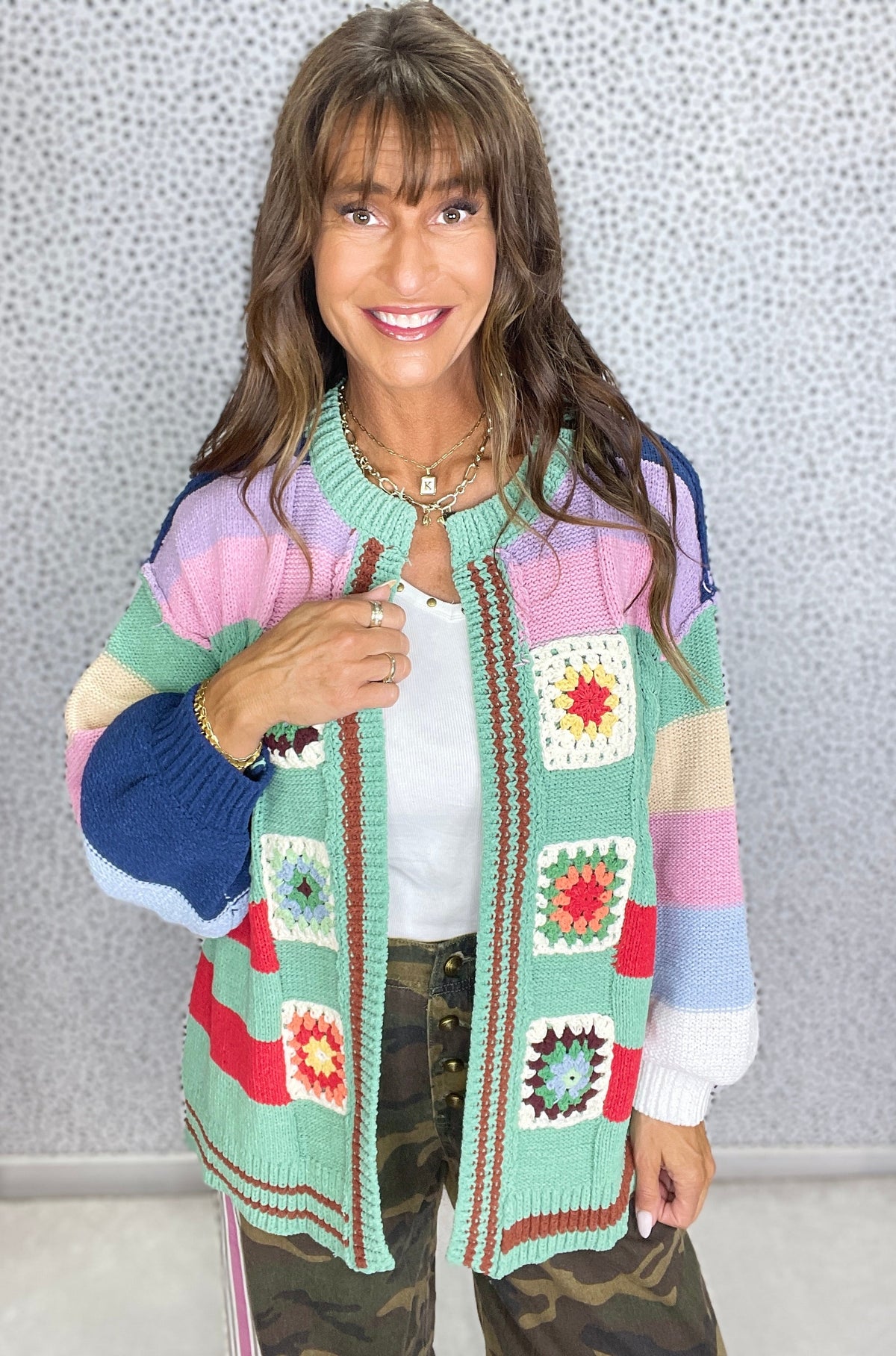 POL Retro Charm Balloon Sleeve Cardigan In Green