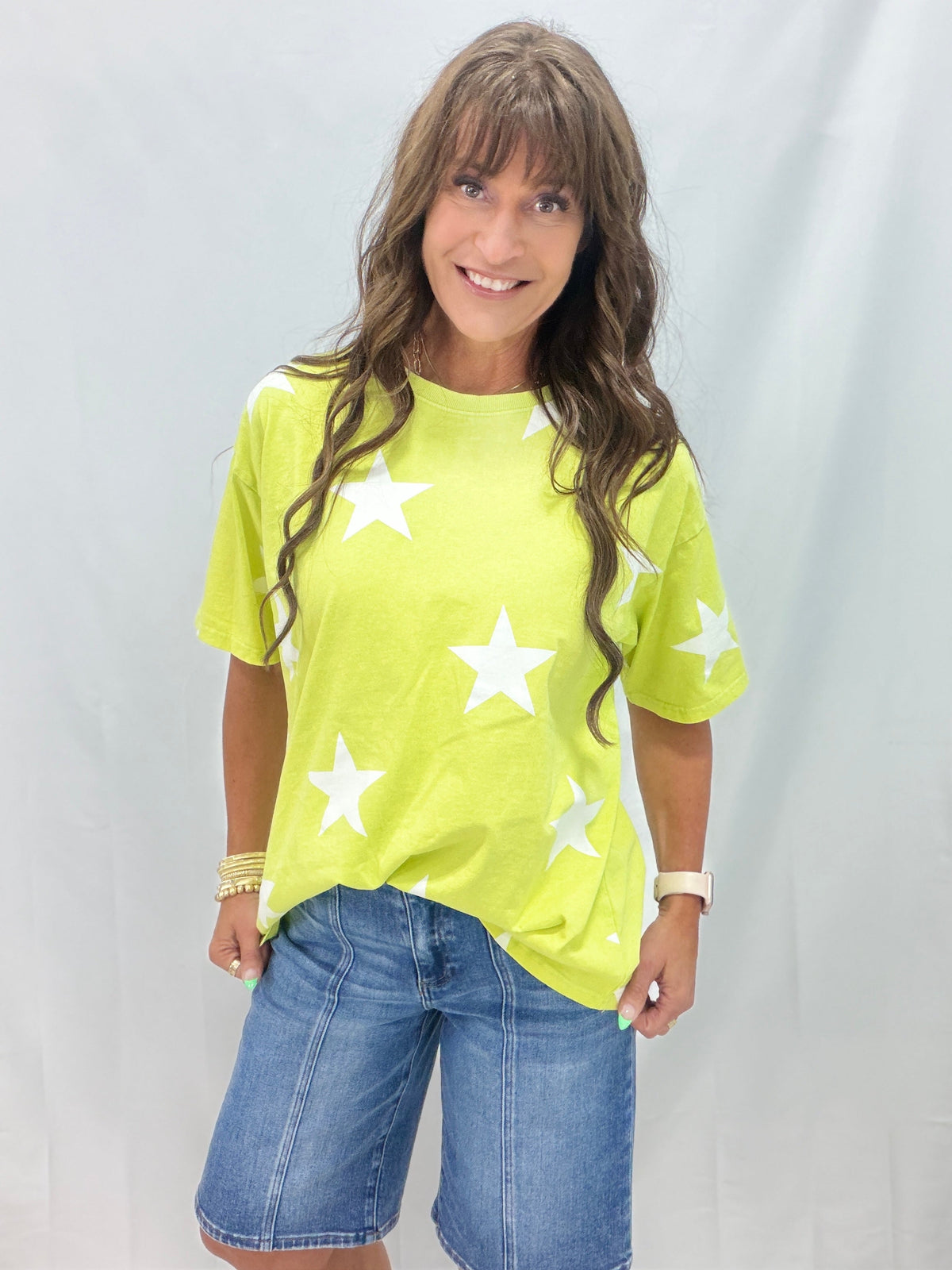 Bright Side Star Print Top In Lime