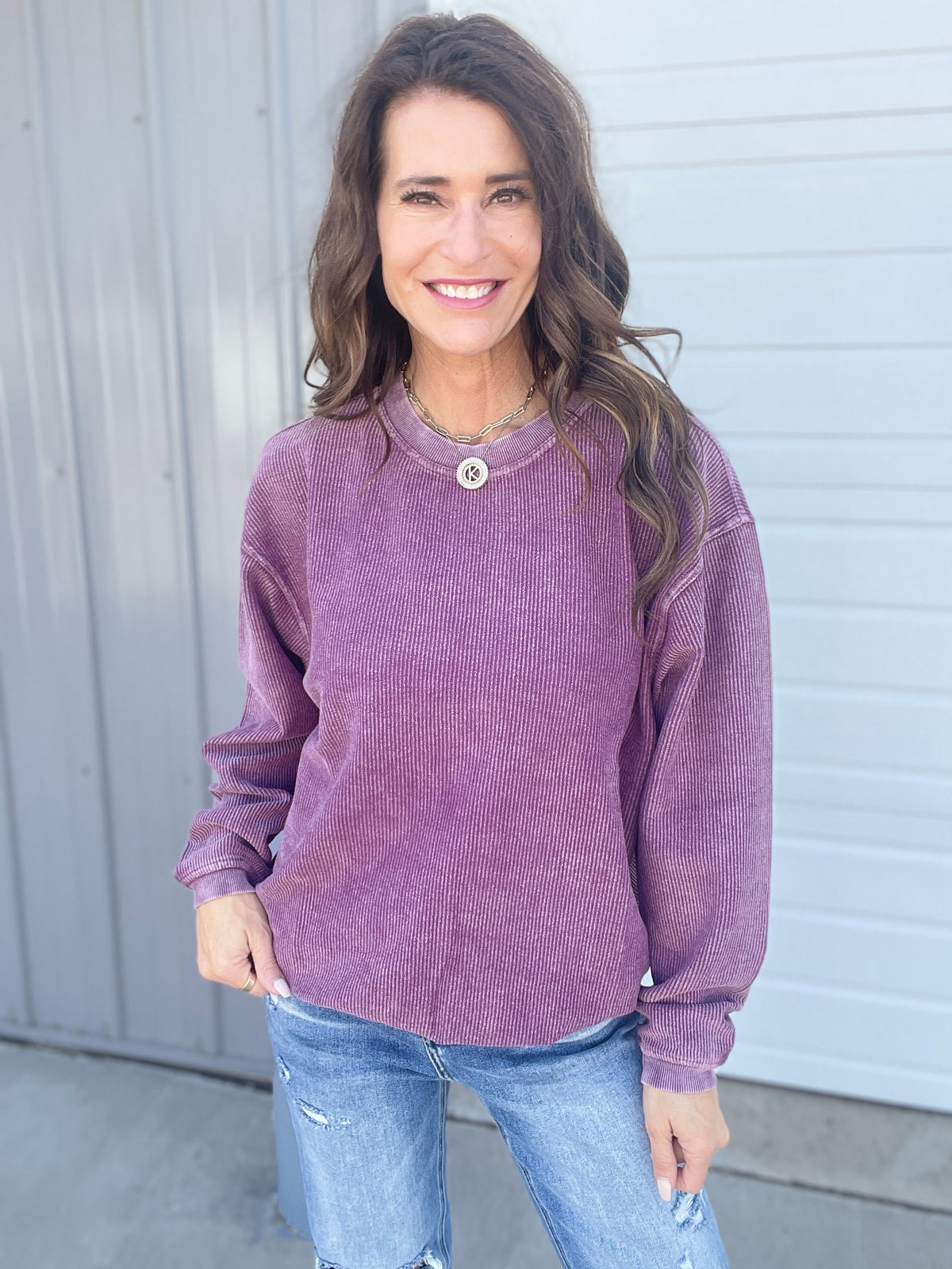 Italian Plum Snow Washed Corded Crewneck Pullover Sweatshirt