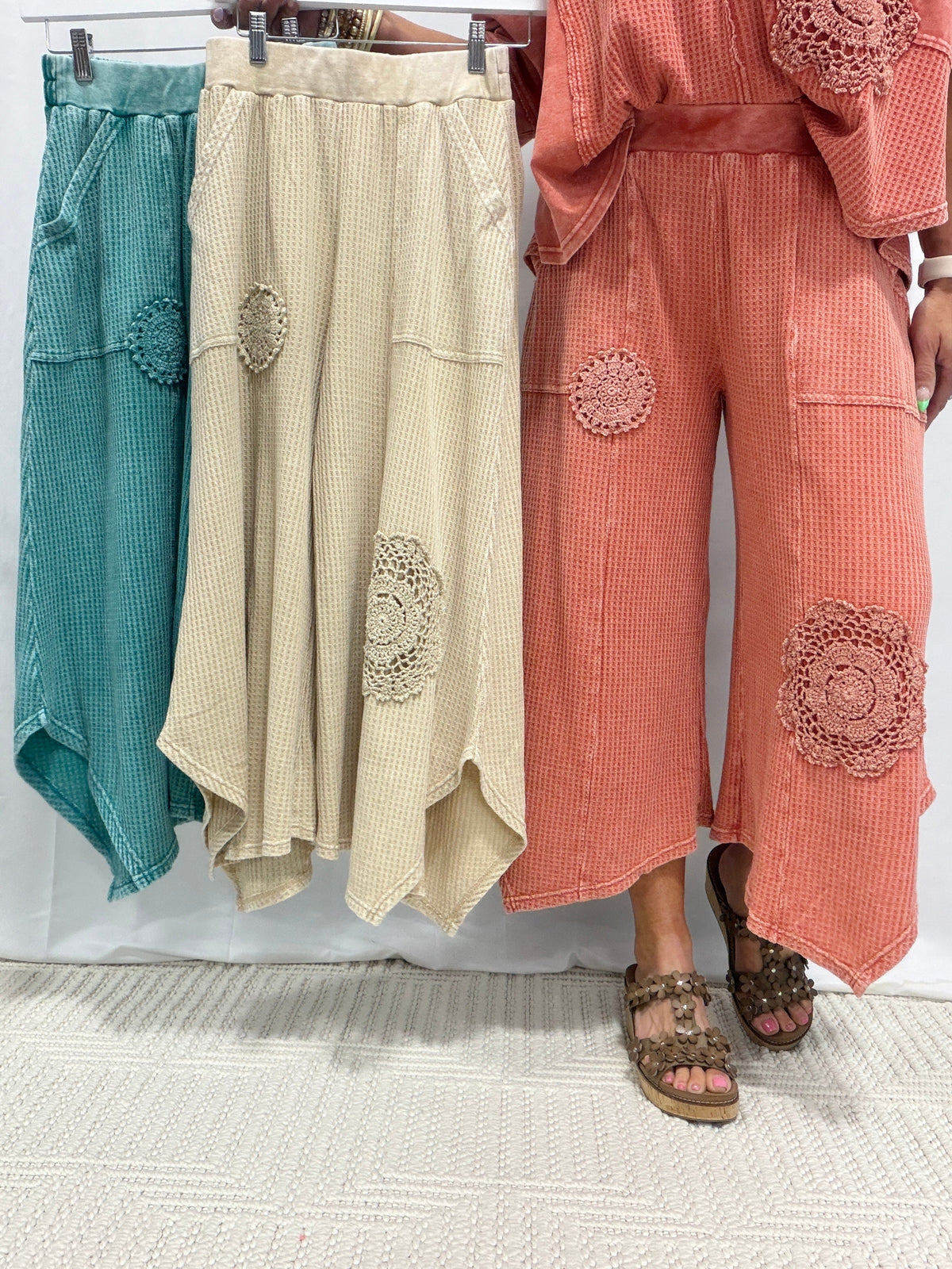 Sea Glass Crochet Patch Wide-Leg Pants in 3 Colors