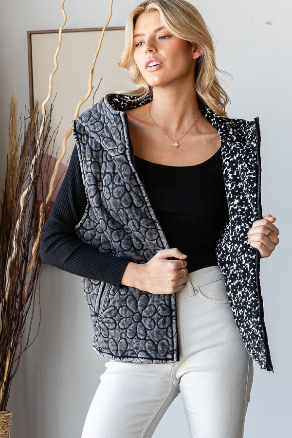 Oli & Hali Everywhere I Go Quilted Flower Hooded Vest In 2 Colors: Blush, Black *Final Sale*