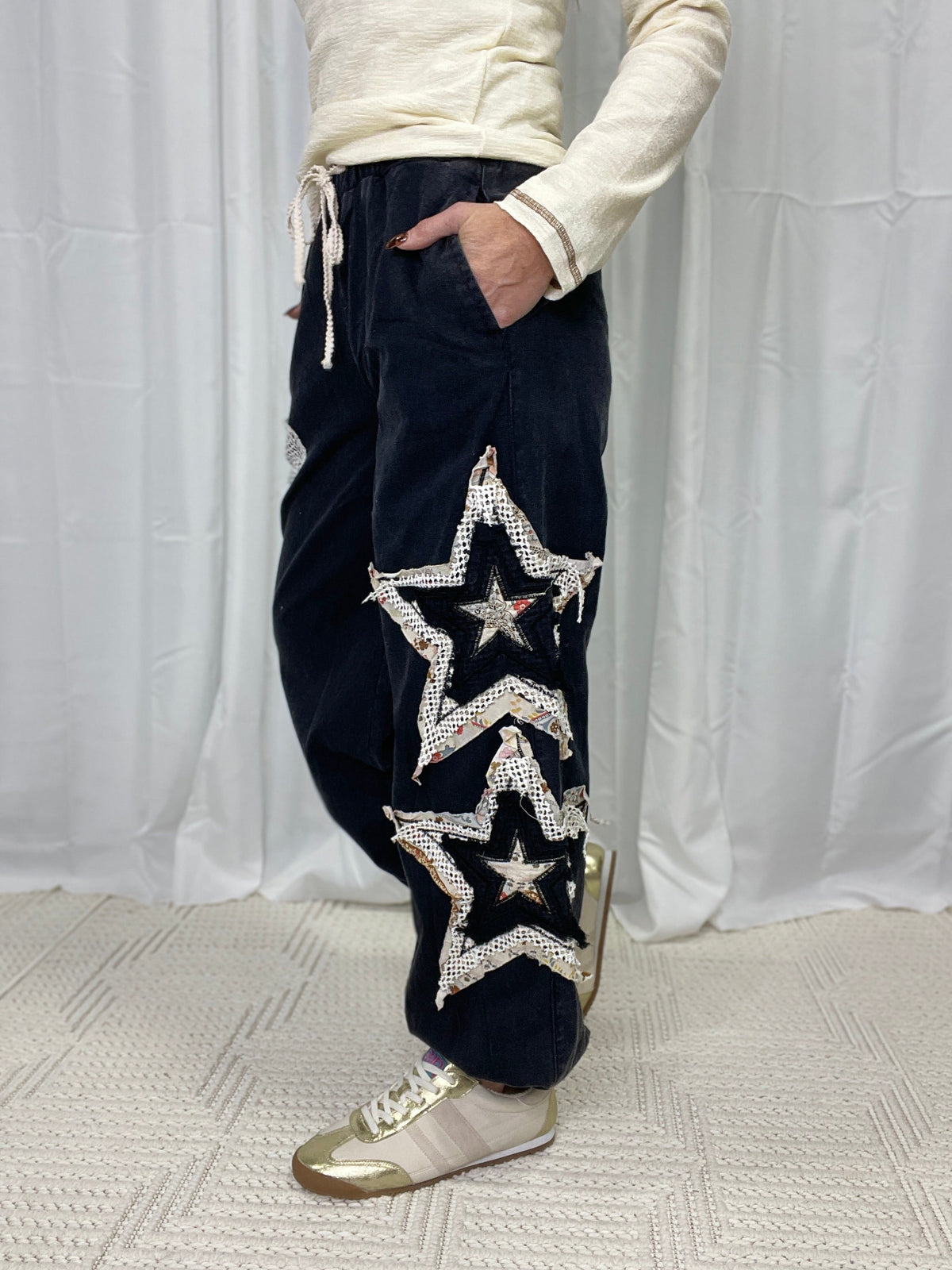 POL Wishing Star Mixed Patches Jogger Pants In 2 Colors
