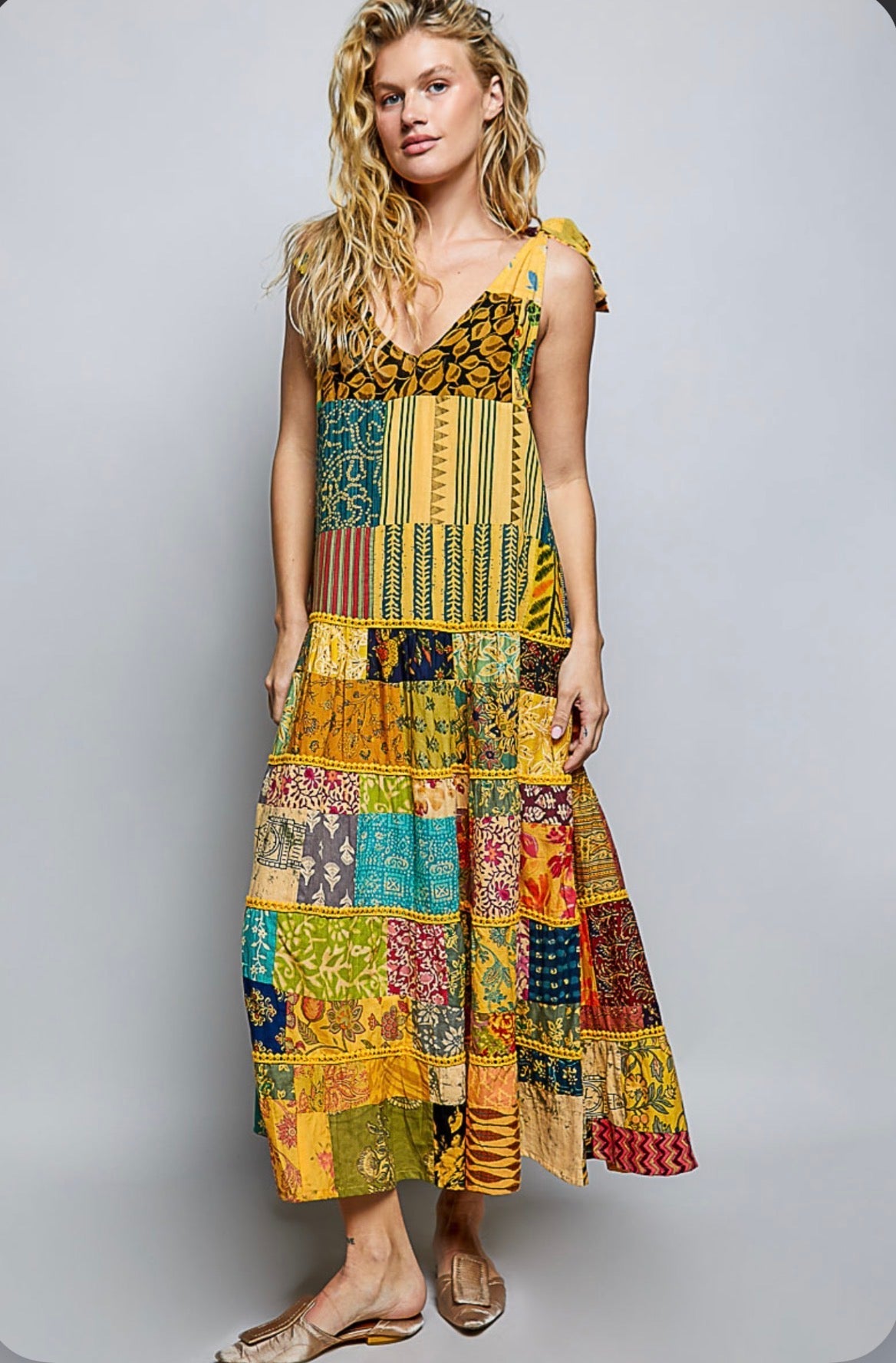POL Boho Dream V-Neck Sleeveless Dress In Honey Multi