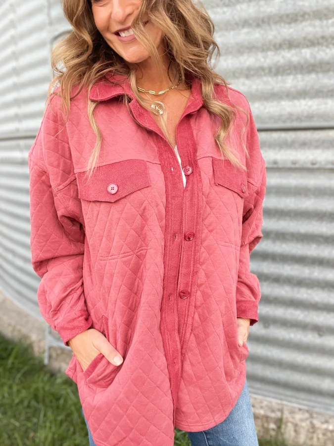 All I Need Oversized Quilted Knit Shacket In Marsala *Final Sale*