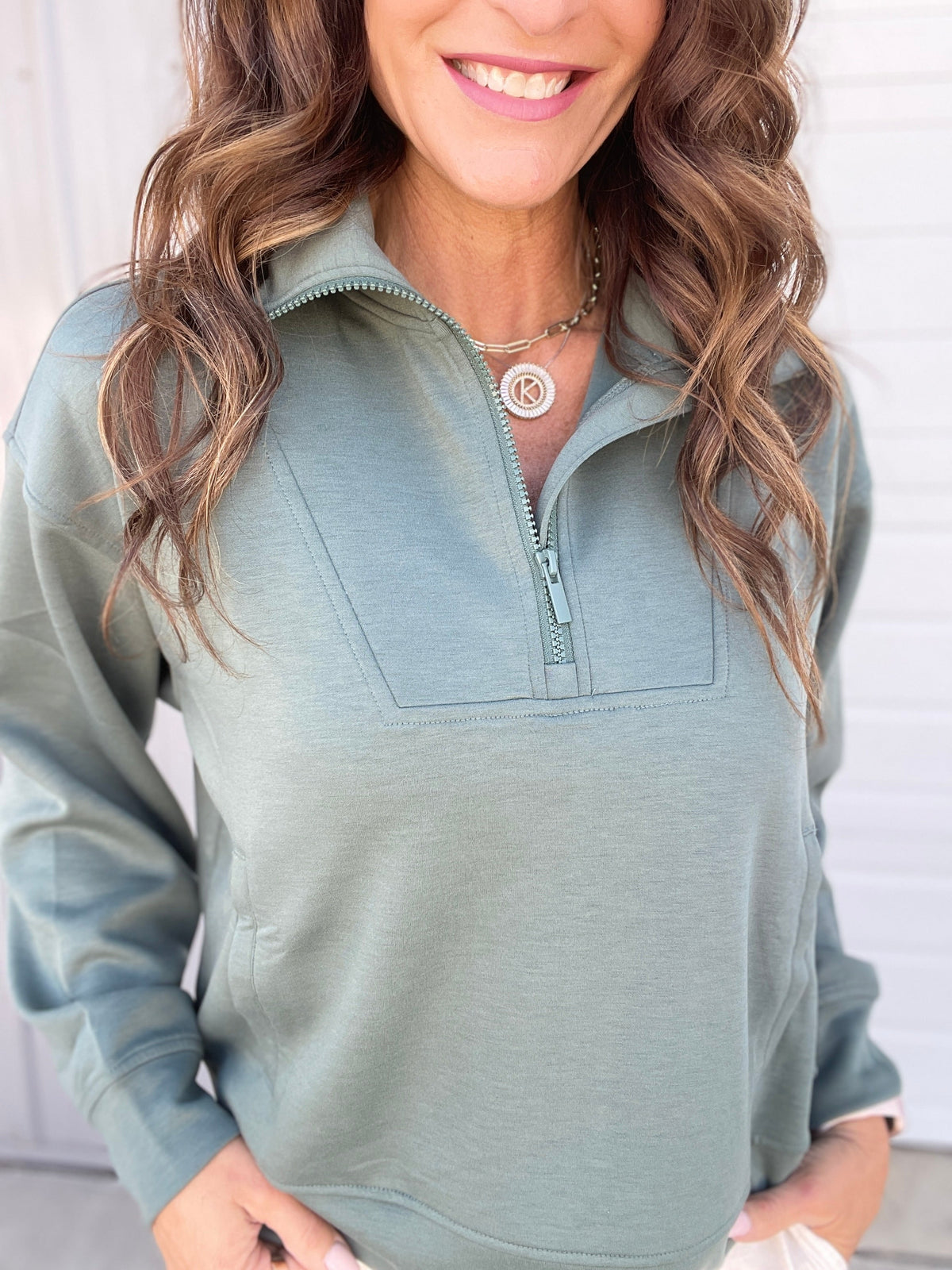 Clearing The Air Scuba Half Zip Pullover In 3 Colors: Beige, Green, Blue Grey *Final Sale*