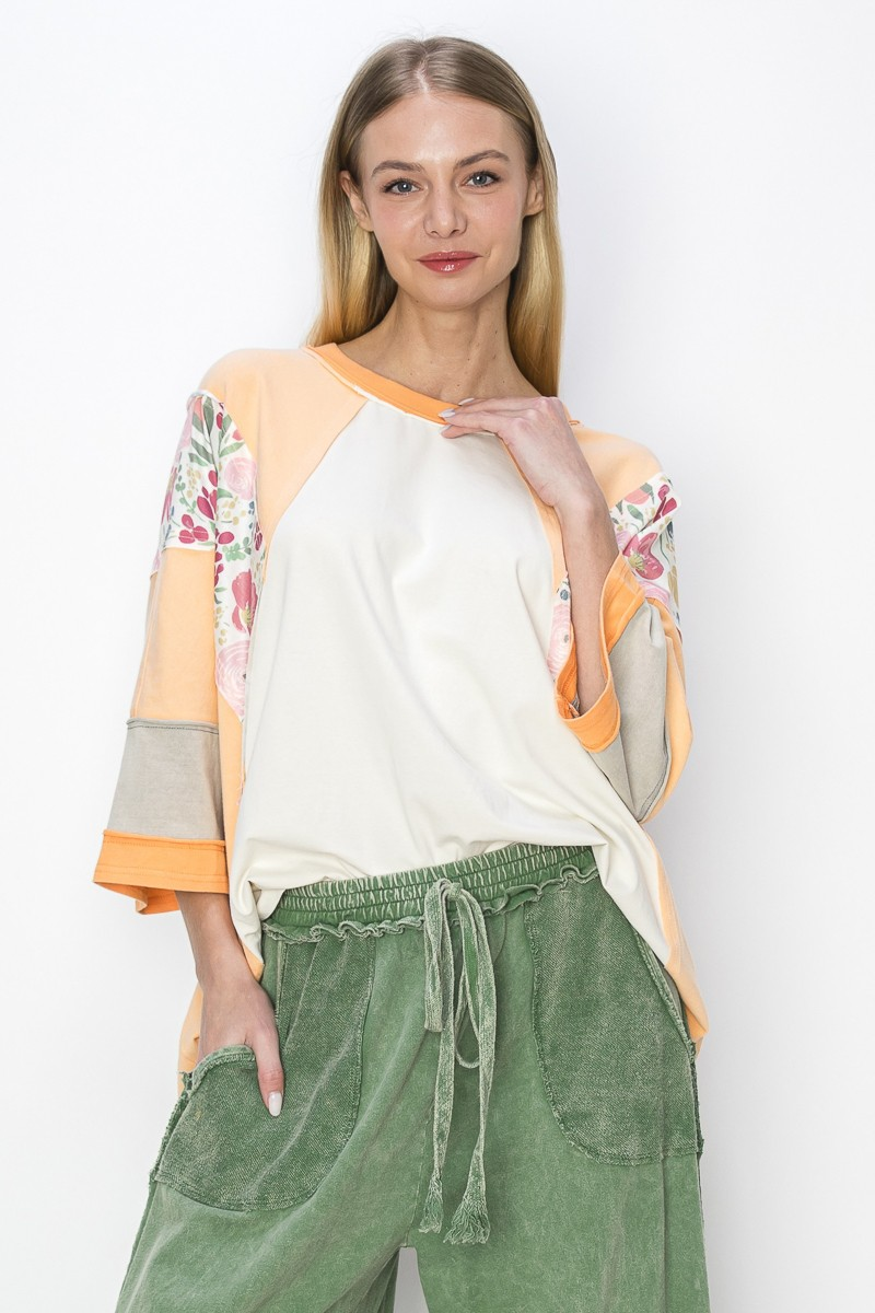 Blooming Burst Contrast Sleeves Raglan Top In 2 Colors *Final Sale*