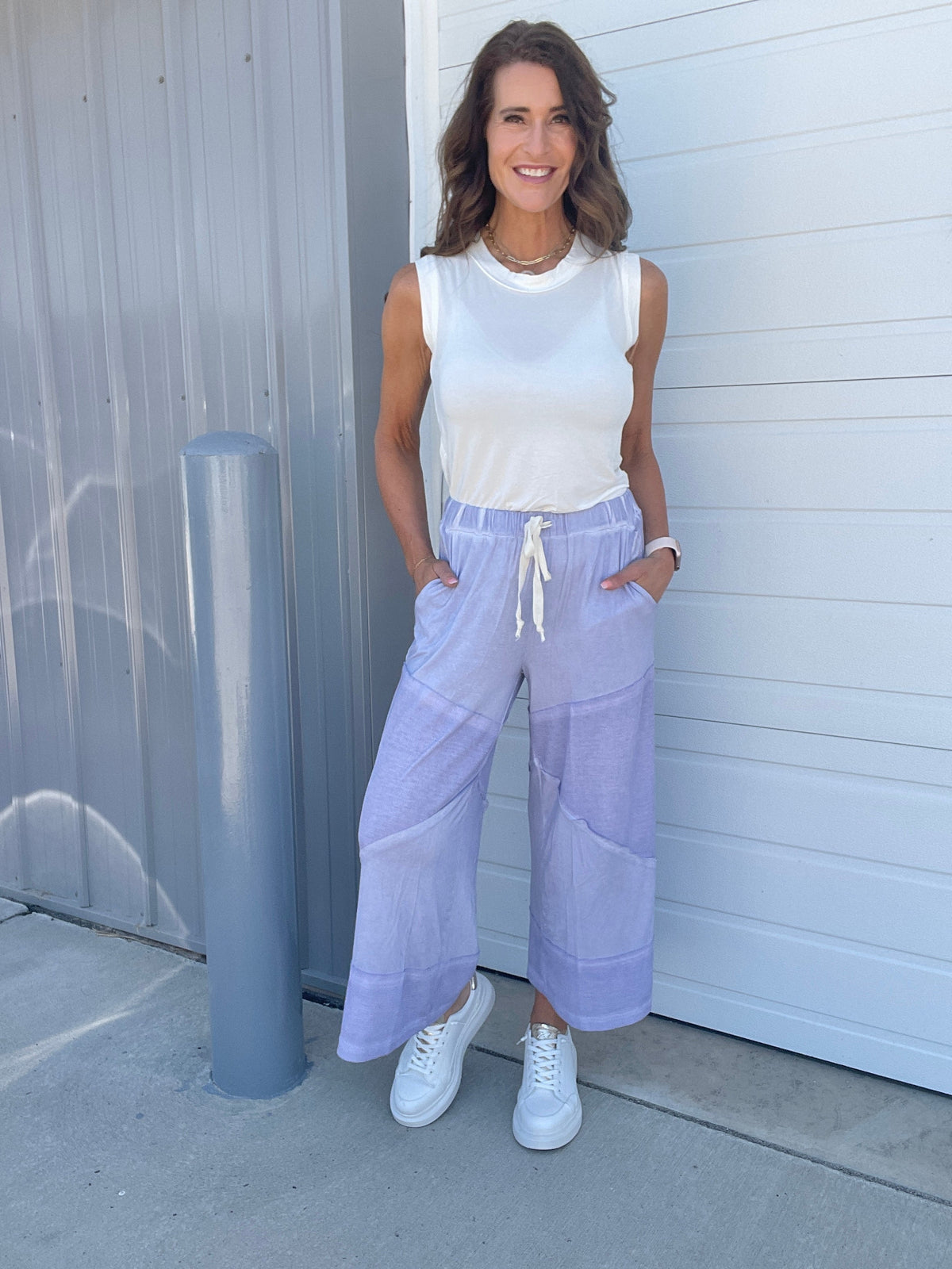 Pol Play Date Loose Wide Leg Cropped Pants In 7 Colors: Aqua, Lilac, Grey, Pink, Beige, Black, Desert Sage *Final Sale*