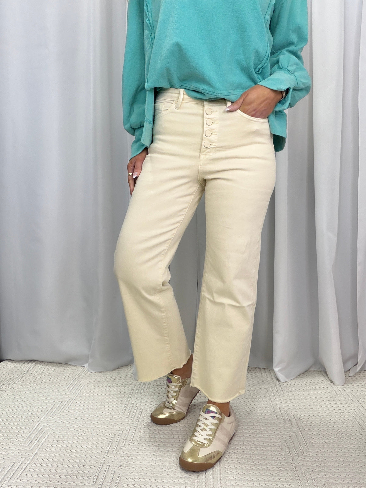 Mica Cream Wash High Rise Button Front Wide Crop Jeans 304 *Final Sale*