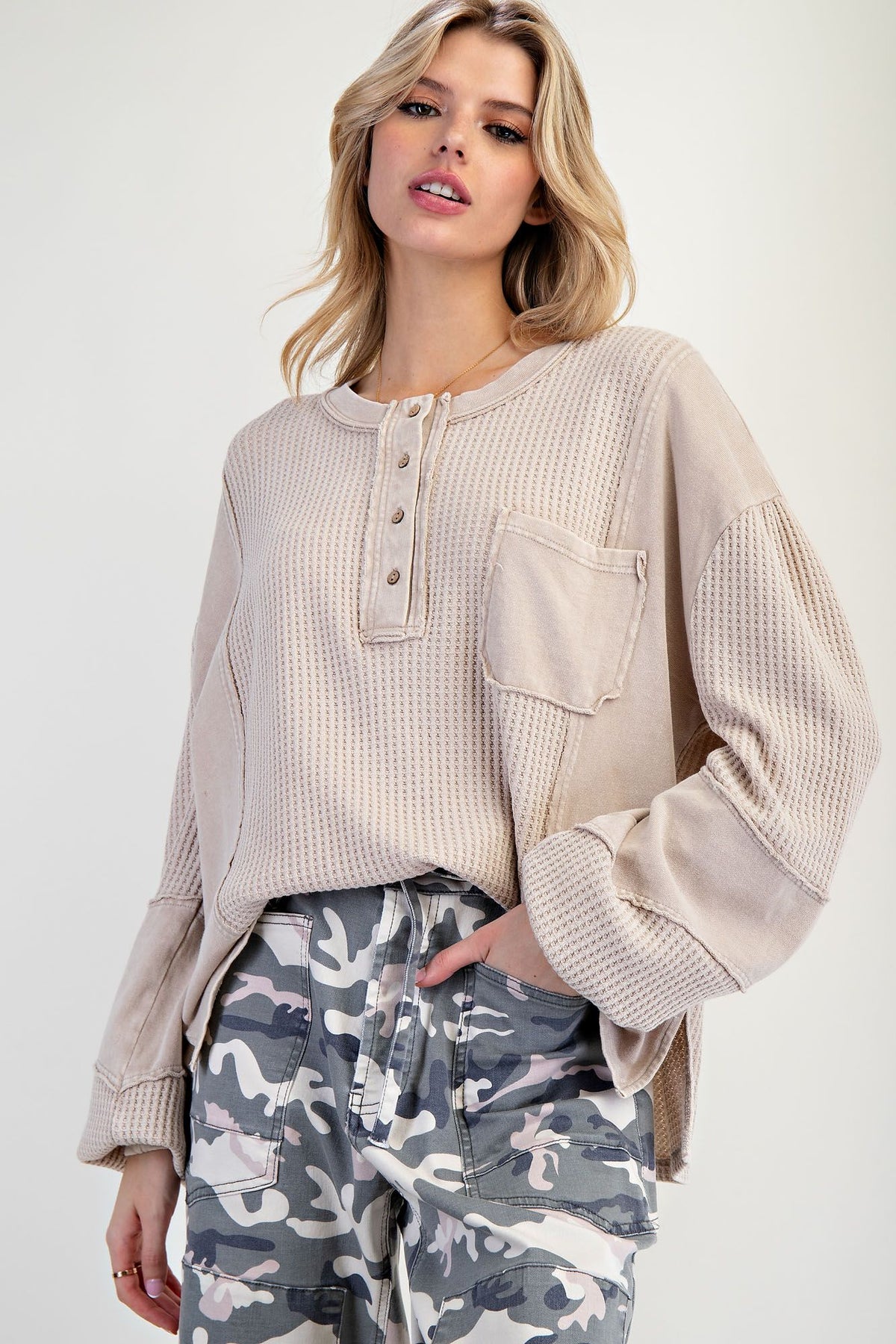 No Stopping Me Thermal Knit Mineral Washed Henley Top In 3 Colors