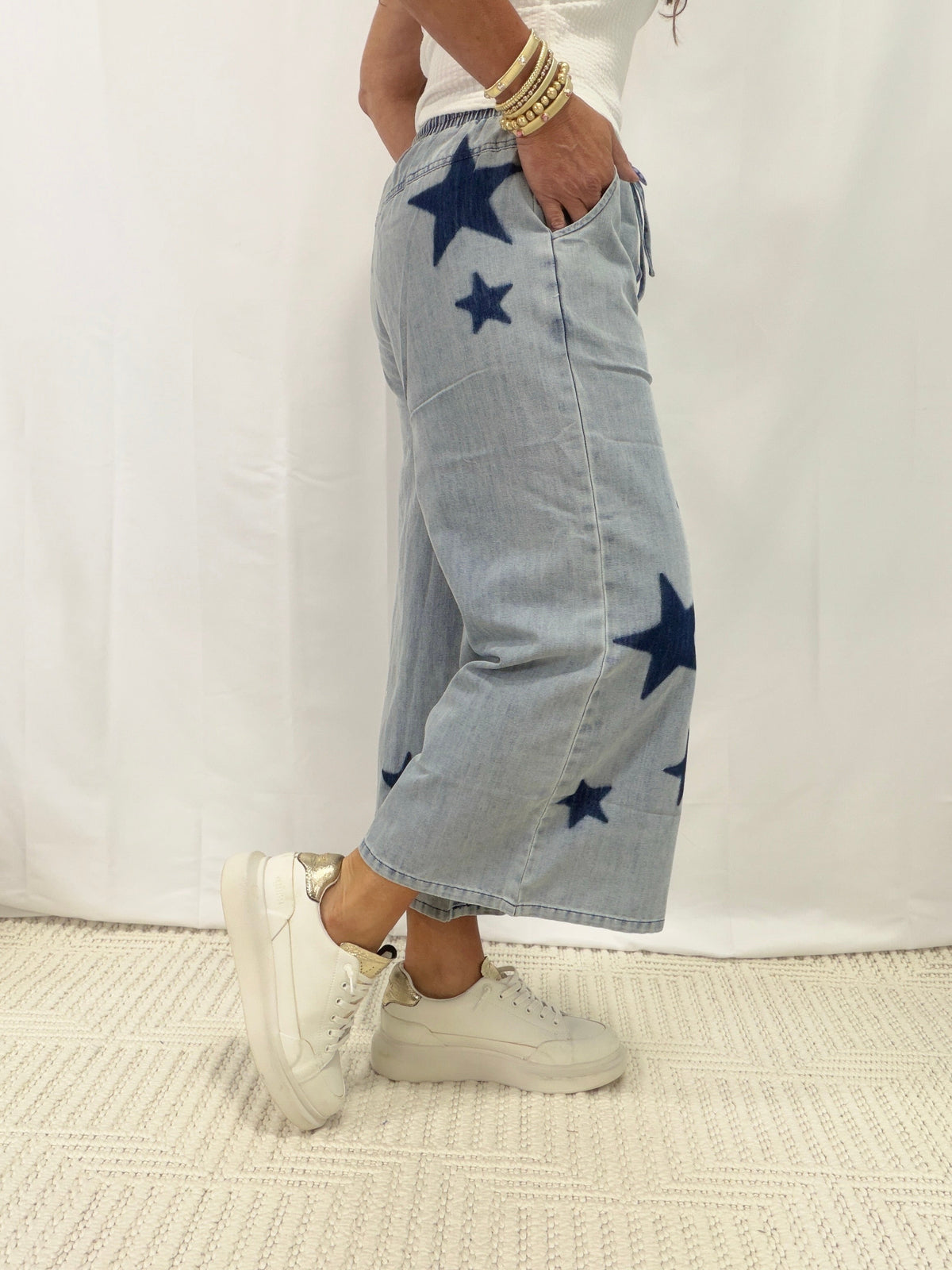 Chase My Dreams Starry Wide Leg Pants In Light Denim