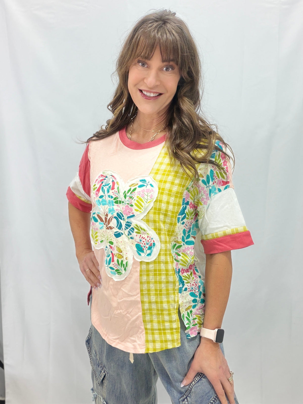 Patchwork Dream Flower Patch Soft Washed Cotton Slub Top In 4 Colors