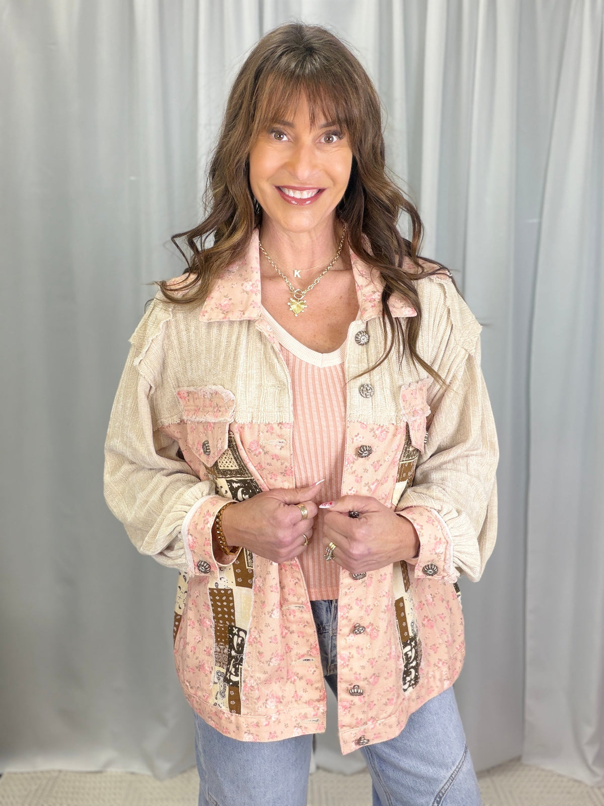 POL Sweet Rebellion Floral Pattern Jacket In Sand