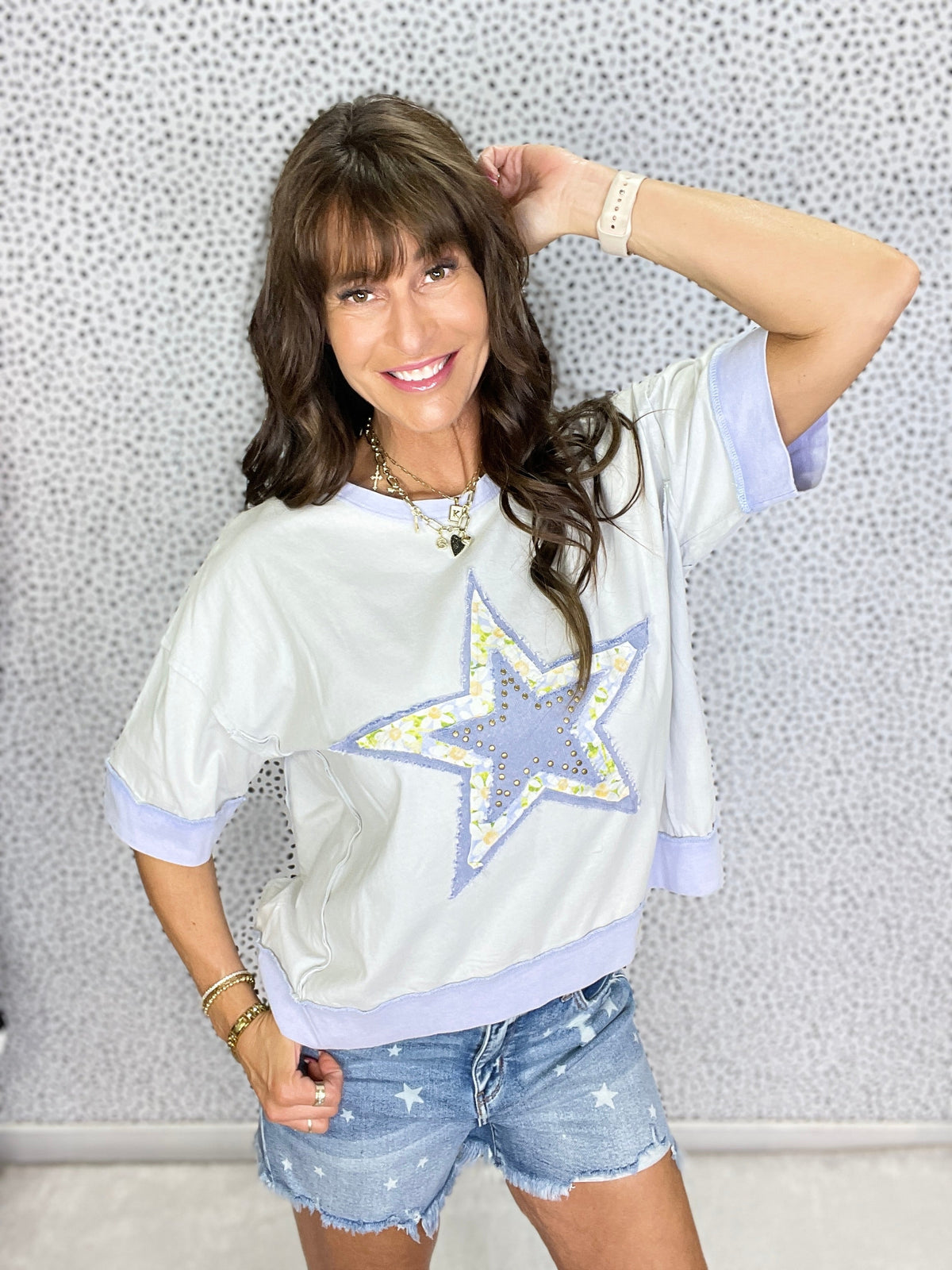 Star Studded Mineral Wash Knit Top In Blue *Final Sale*
