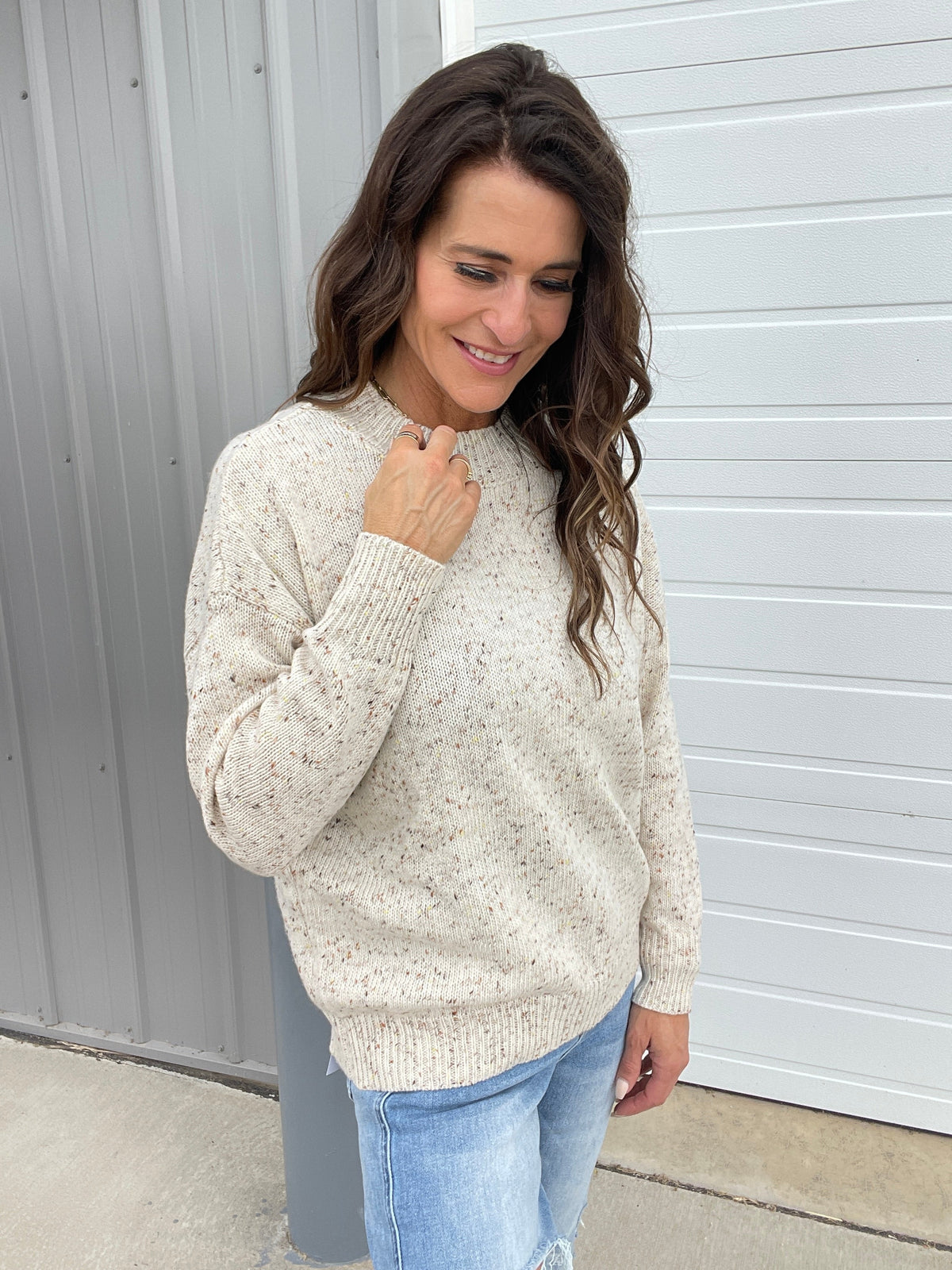 Give In Long Sleeve Speckled Sweater In 2 Colors: Oatmeal, Brown