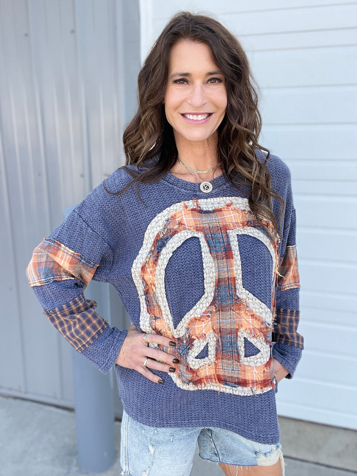 Oli & Hali Nothing But Peace Plaid Mix Long Sleeve Top In 2 Colors: Navy, Creme *Final Sale*