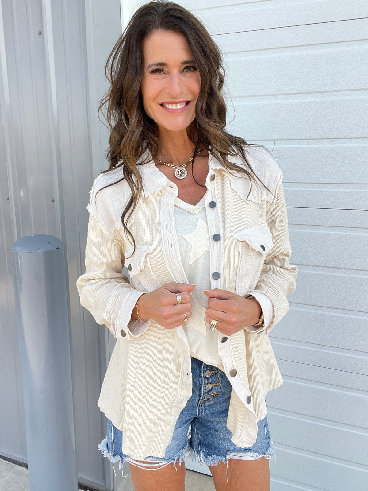 Pol Ready Set Go Thermal Knit And Gauze Button Front Shirt In 3 Colors: Ivory, Navy, Olive *Final Sale*