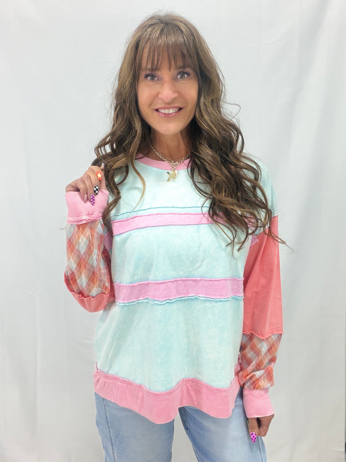 In And Out Of The Beams Plaid Patchwork Top In Multi